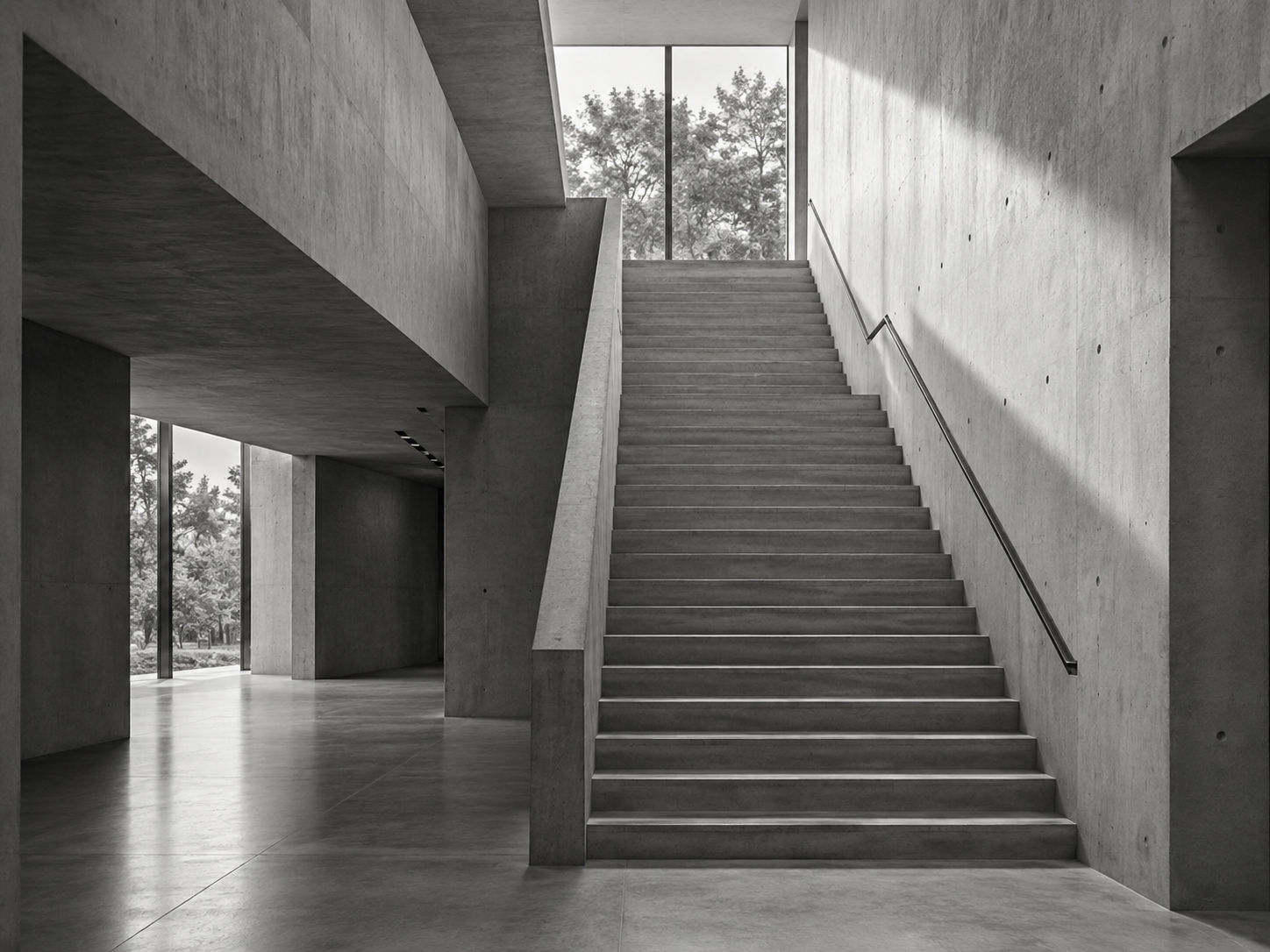 A quiet staircase leading toward natural light